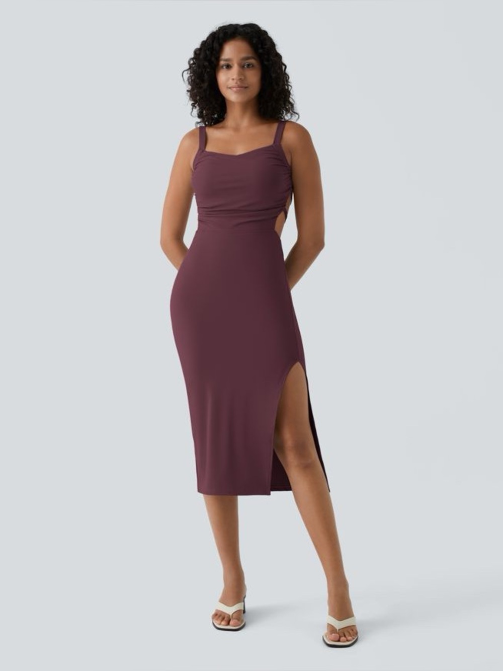 HALARA SoftlyZero Airy Ruched Lace Up Bodycon Midi Dress Fig size S NWOT